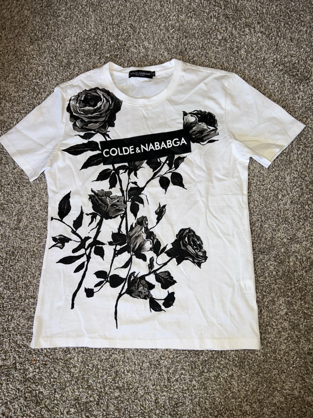 Dolce & Gabbana White Tee with Black Botanical Rose Print